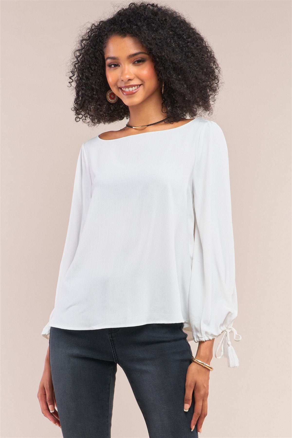 White Bateau Neck Relaxed Fit Tassel Tie Detail Long Sleeve Blouse - Absolute Fashion 2020