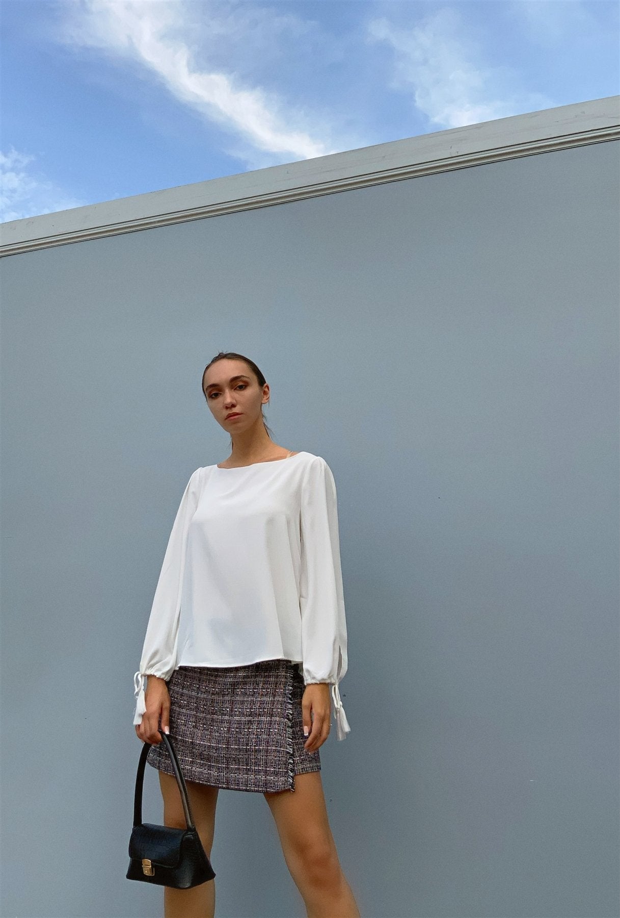 White Bateau Neck Relaxed Fit Tassel Tie Detail Long Sleeve Blouse - Absolute Fashion 2020