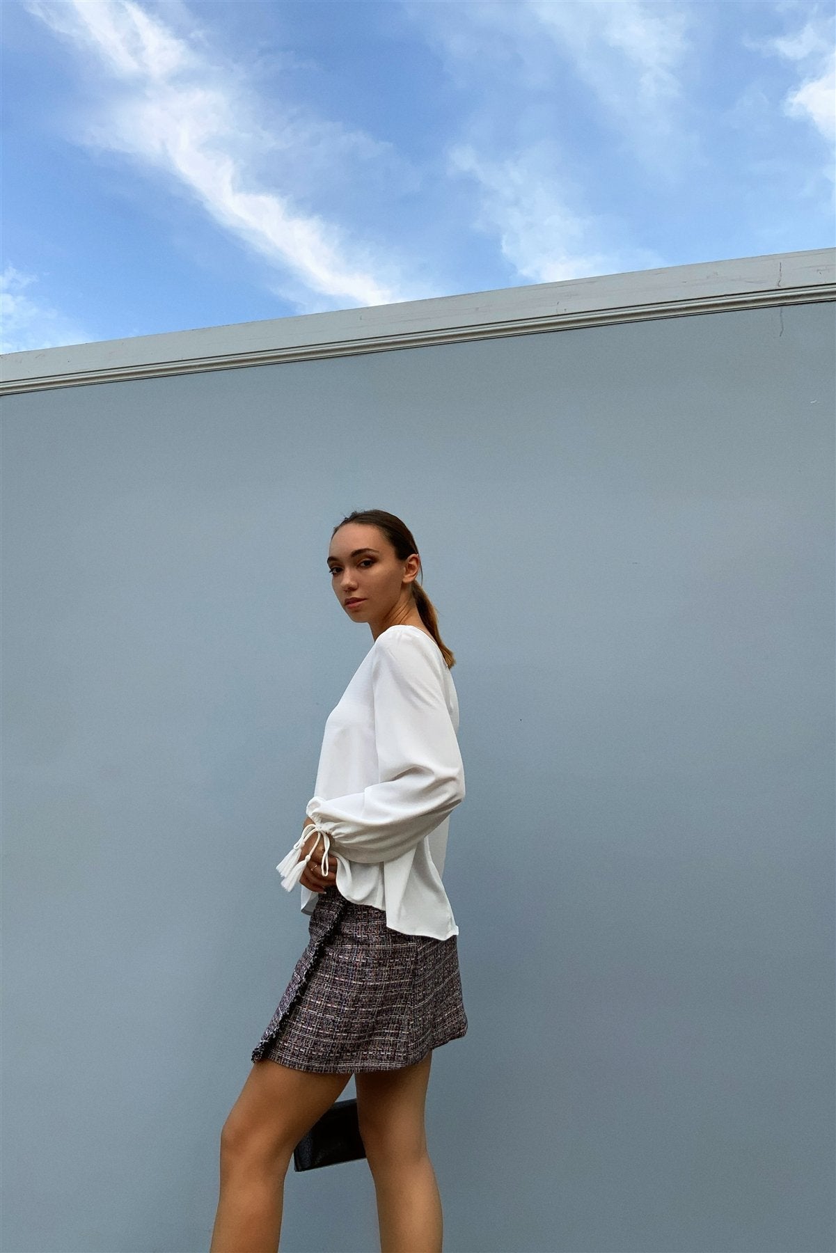 White Bateau Neck Relaxed Fit Tassel Tie Detail Long Sleeve Blouse - Absolute Fashion 2020