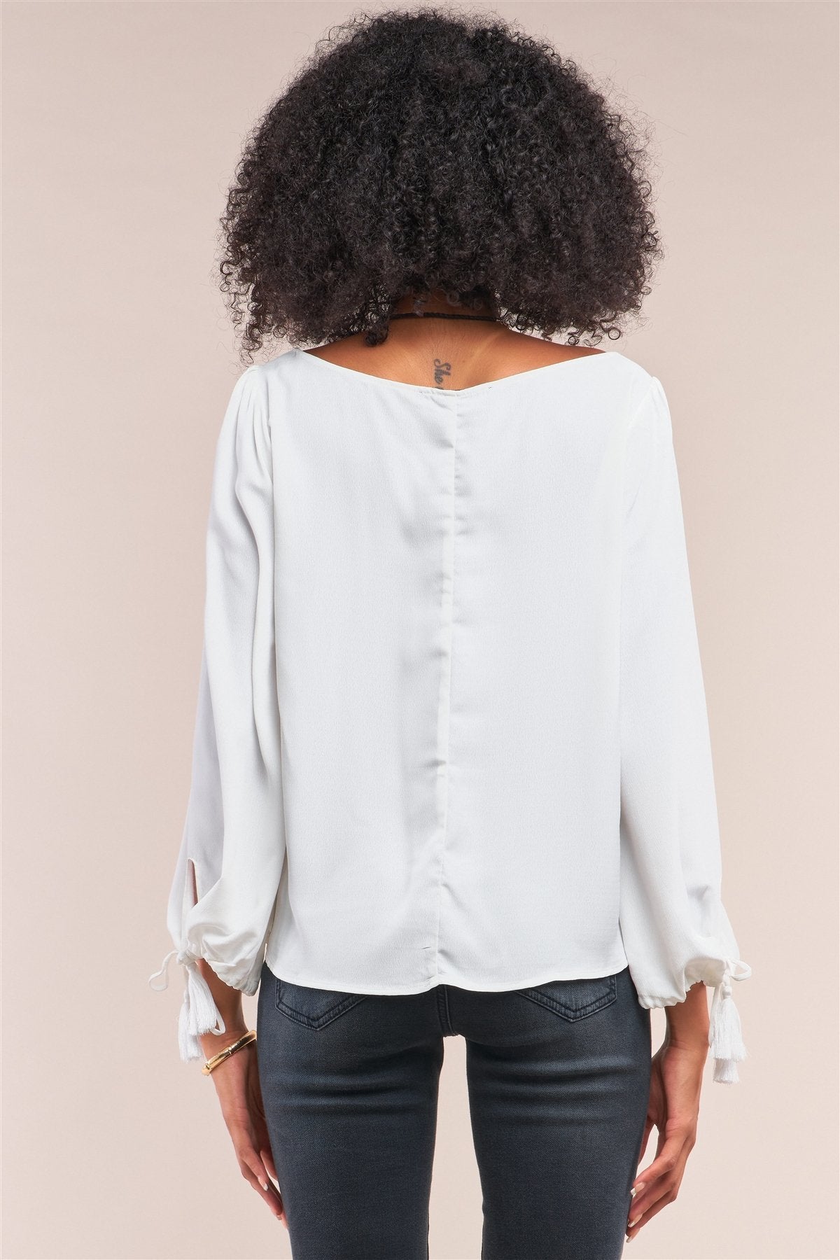 White Bateau Neck Relaxed Fit Tassel Tie Detail Long Sleeve Blouse - Absolute Fashion 2020