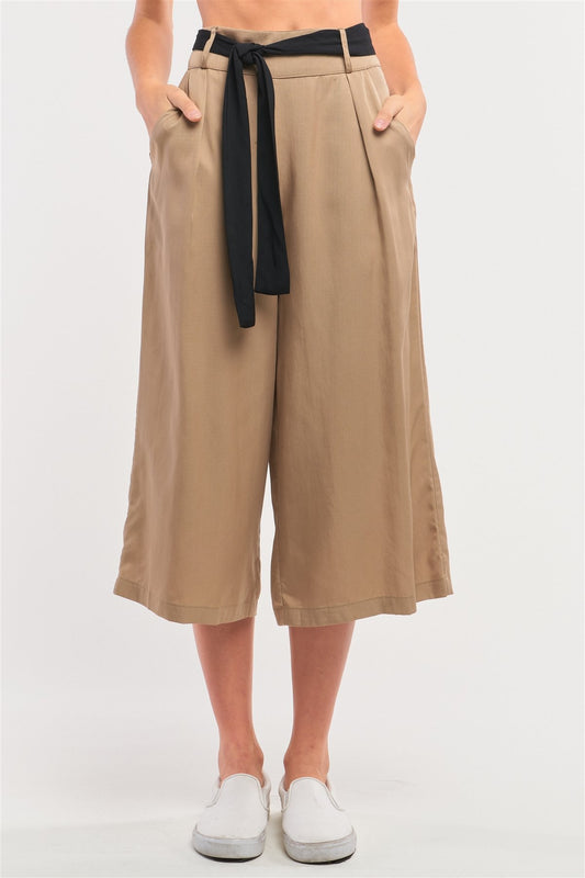 Beige High Waist Self-tie Belt Detail Flare Capri Pants - Absolute Fashion 2020