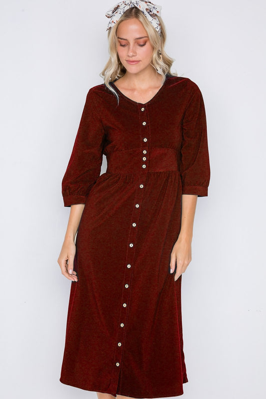 Corduroy 3/4 Sleeve Button Down Midi Dress - Absolute Fashion 2020
