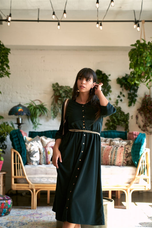 Corduroy 3/4 Sleeve Button Down Midi Dress - Absolute Fashion 2020