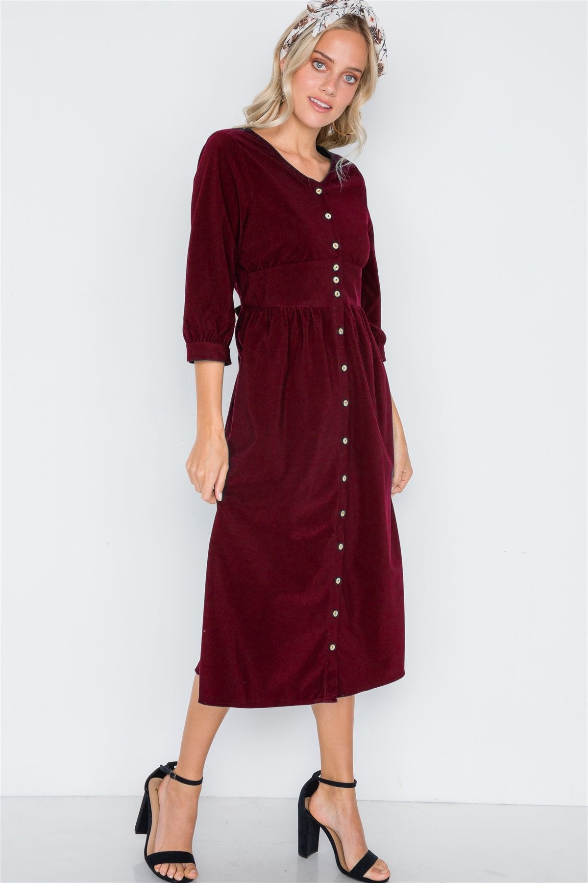 Corduroy 3/4 Sleeve Button Down Midi Dress - Absolute Fashion 2020
