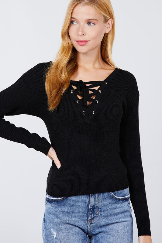 V-neck Eyelet Strap Back Sweater - Absolute Fashion 2020