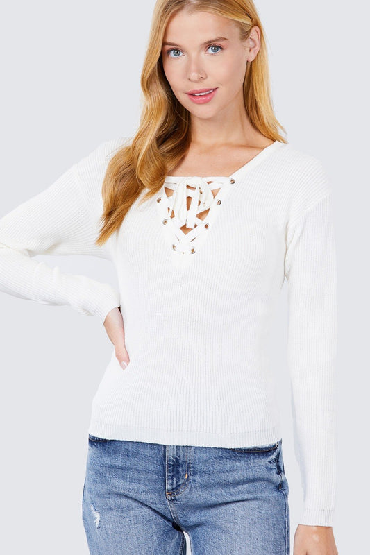 V-neck Eyelet Strap Back Sweater - Absolute Fashion 2020