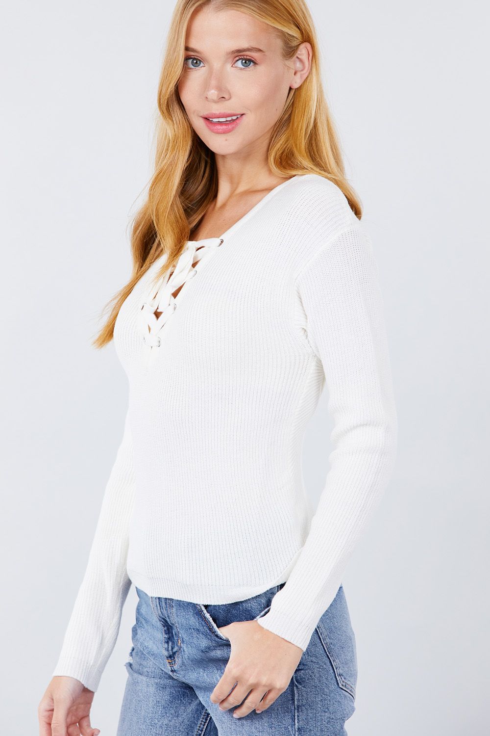 V-neck Eyelet Strap Back Sweater - Absolute Fashion 2020