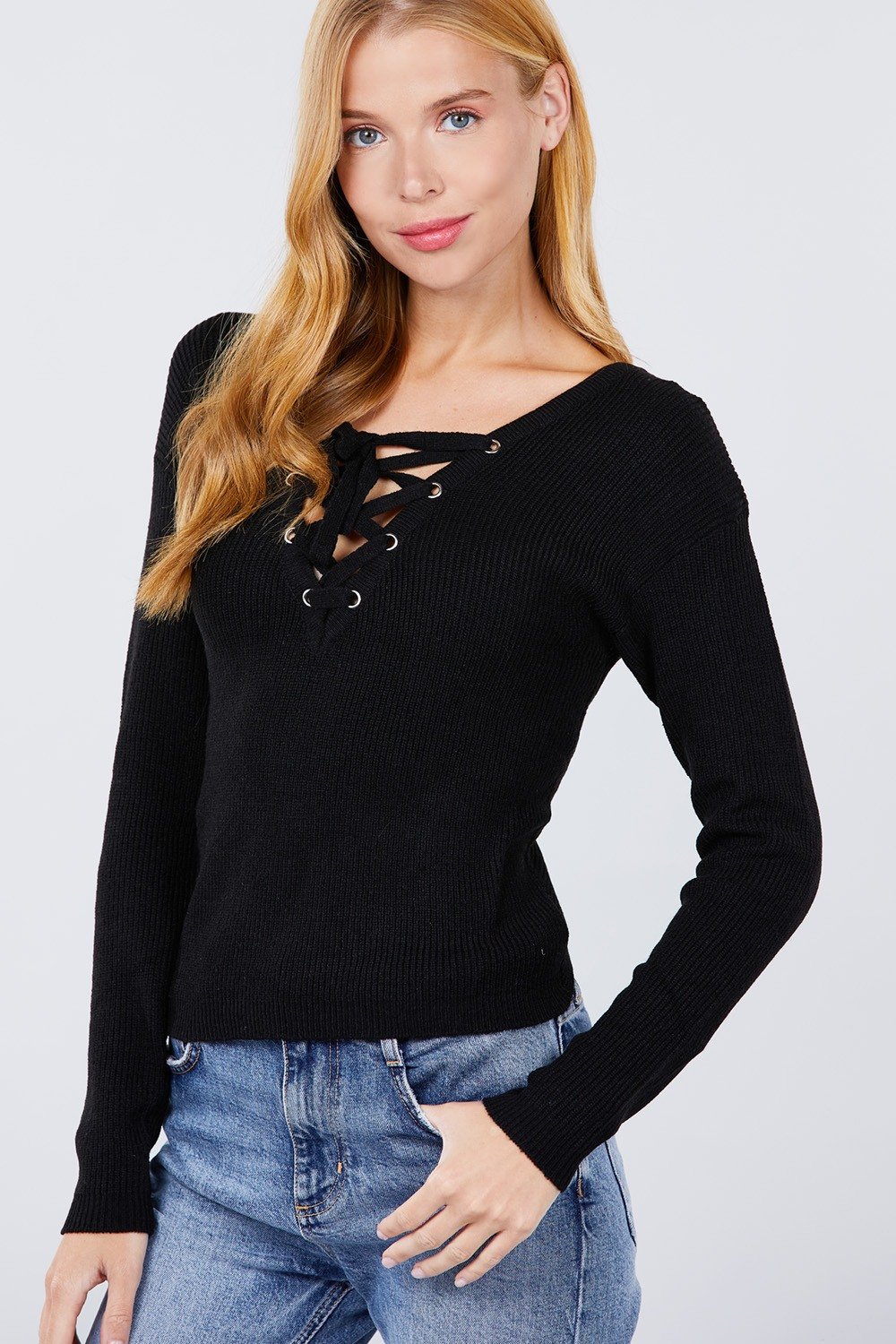 V-neck Eyelet Strap Back Sweater - Absolute Fashion 2020