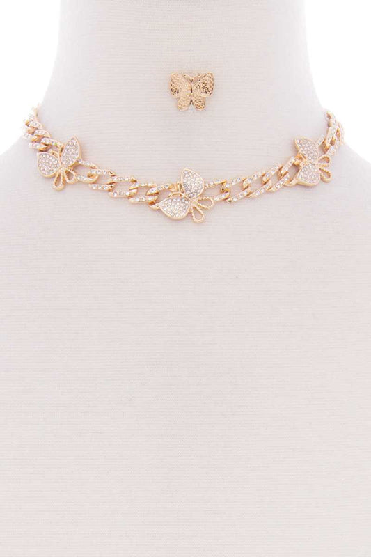 Butterfly Metal Stone Stud Link Chain Necklace Earring Set - Absolute Fashion 2020
