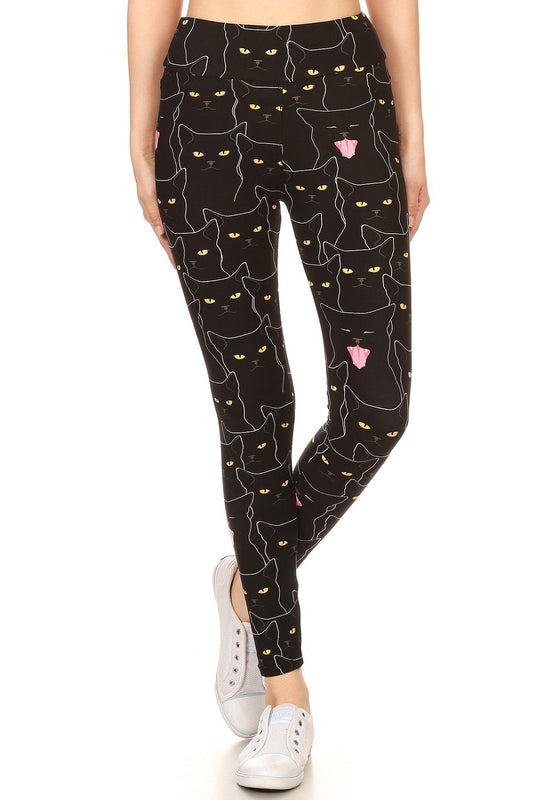 Yoga Style Banded Lined Black Cat Print, Full Length Leggings In A Slim Fitting - Absolute Fashion 2020
