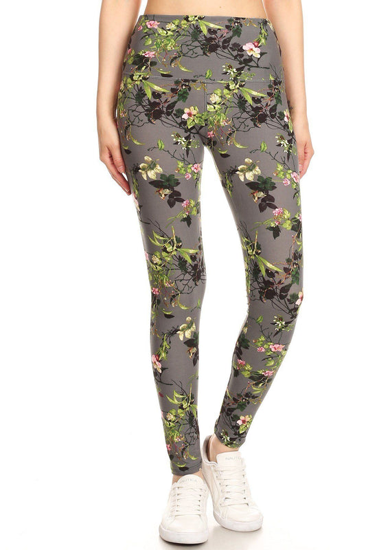 5-inch Long Yoga Style Banded Lined Floral Printed Knit Legging With High Waist - Absolute Fashion 2020