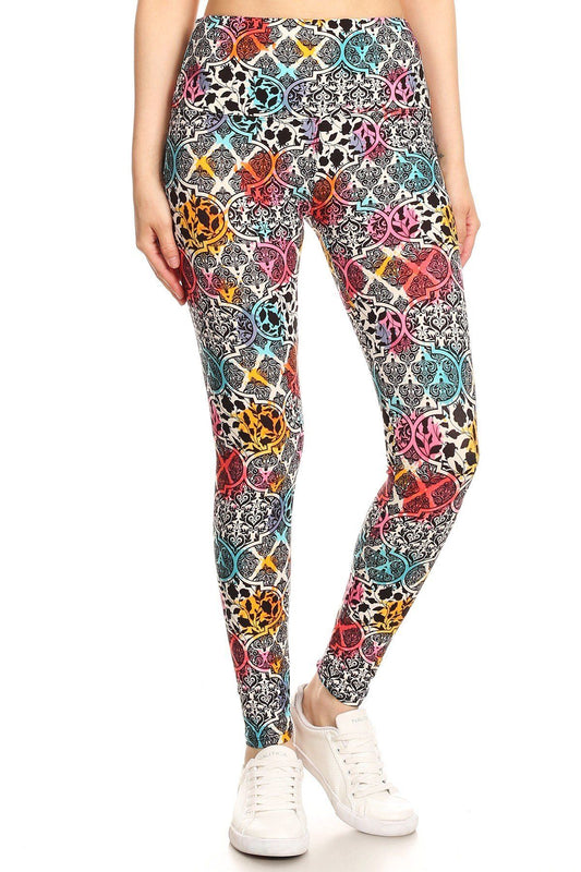 5-inch Long Yoga Style Banded Lined Damask Pattern Printed Knit Legging With High Waist - Absolute Fashion 2020
