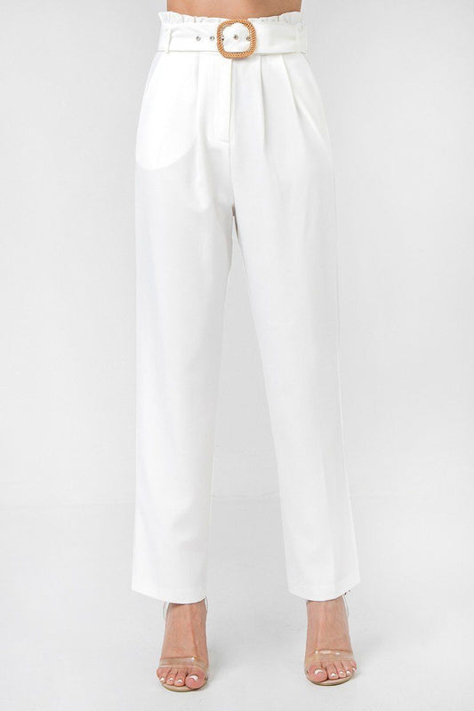 A Solid Pant Featuring Paperbag Waist With Rattan Buckle Belt - Absolute Fashion 2020