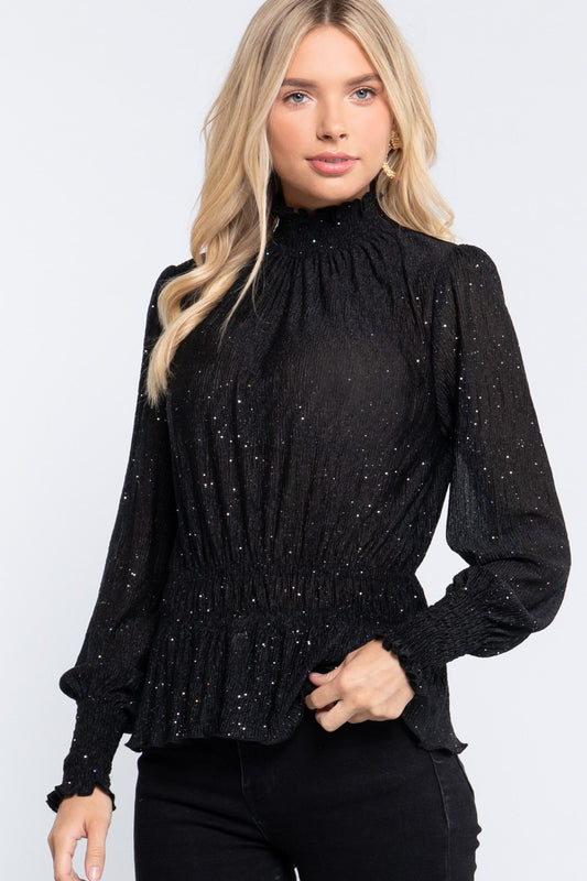 Smocked Sleeve Sparkle Crinlked Top - Absolute Fashion 2020
