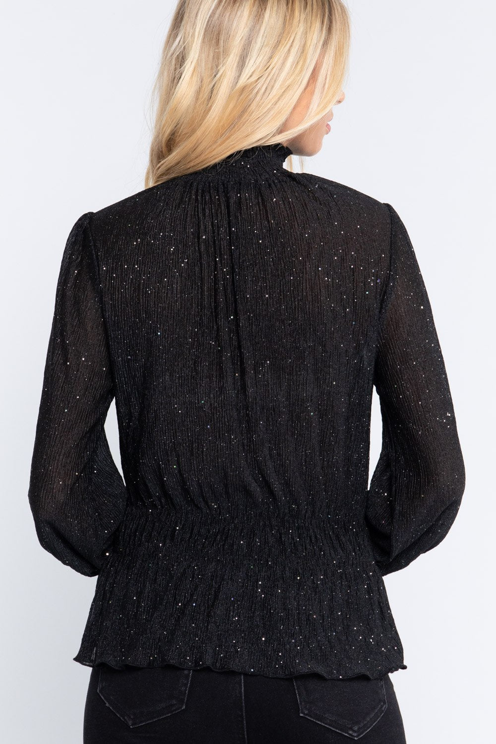 Smocked Sleeve Sparkle Crinlked Top - Absolute Fashion 2020