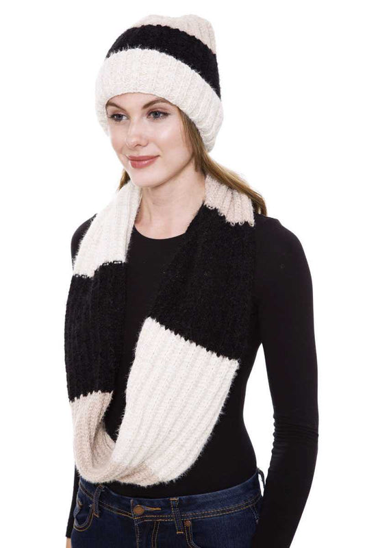 Stripe Pattern Infinity Scarf And Knit Hat Set - Absolute Fashion 2020