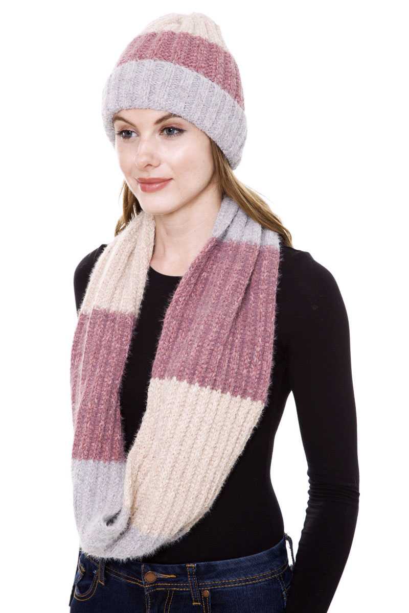 Stripe Pattern Infinity Scarf And Knit Hat Set - Absolute Fashion 2020