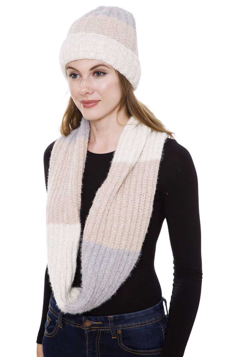 Stripe Pattern Infinity Scarf And Knit Hat Set - Absolute Fashion 2020