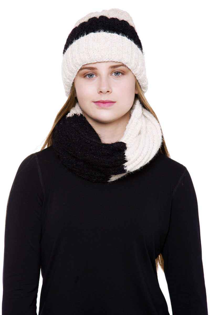 Stripe Pattern Infinity Scarf And Knit Hat Set - Absolute Fashion 2020
