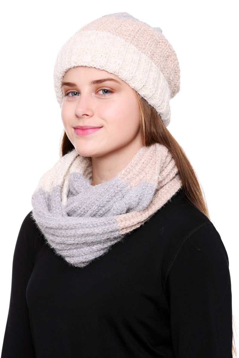Stripe Pattern Infinity Scarf And Knit Hat Set - Absolute Fashion 2020