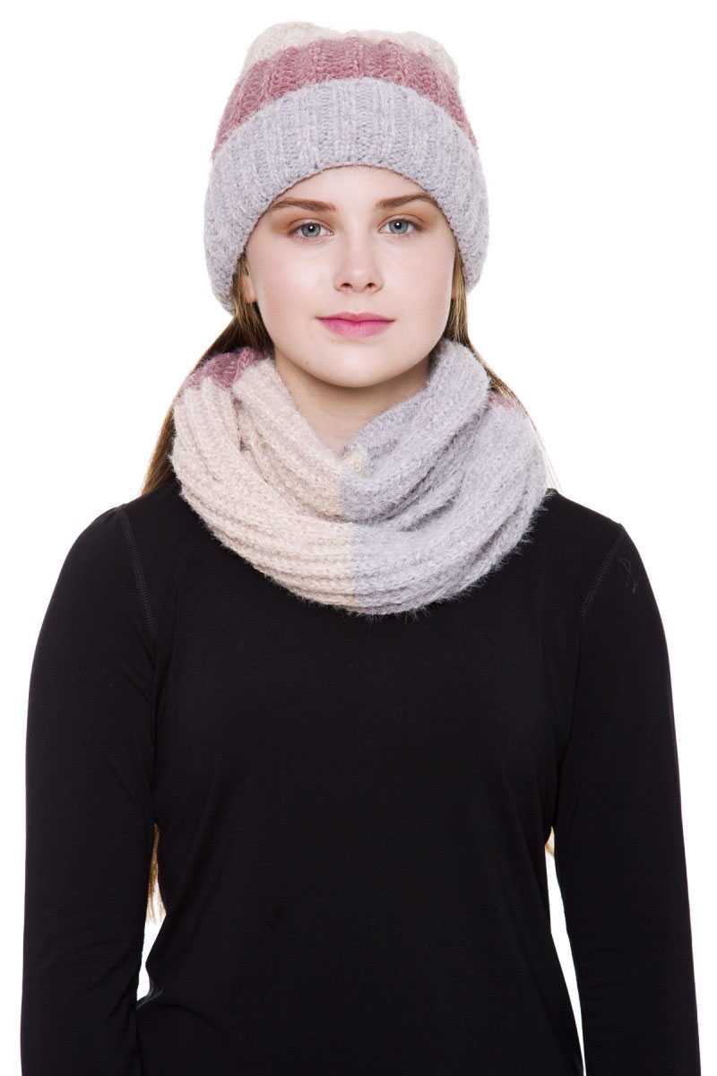 Stripe Pattern Infinity Scarf And Knit Hat Set - Absolute Fashion 2020