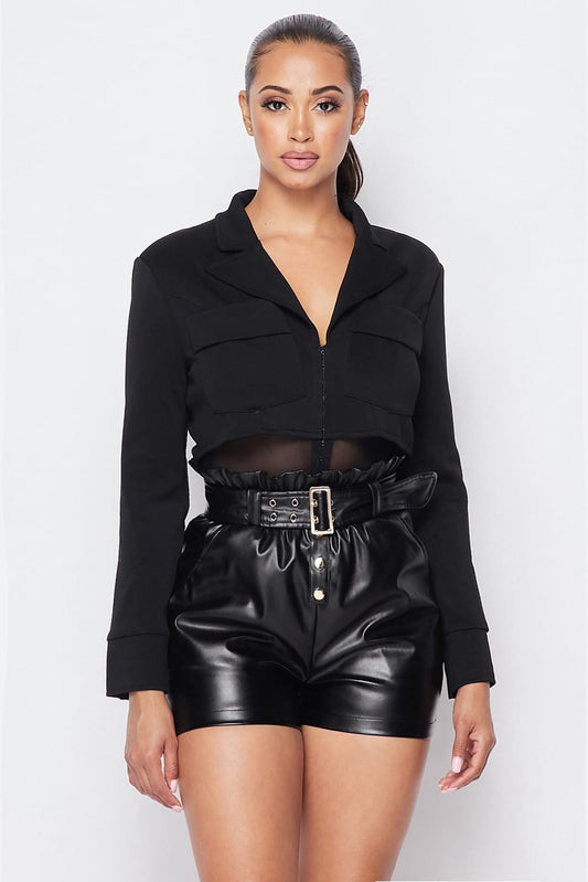 Deep-v Cropped Power Shoulder Blazer Bodysuit - Absolute Fashion 2020