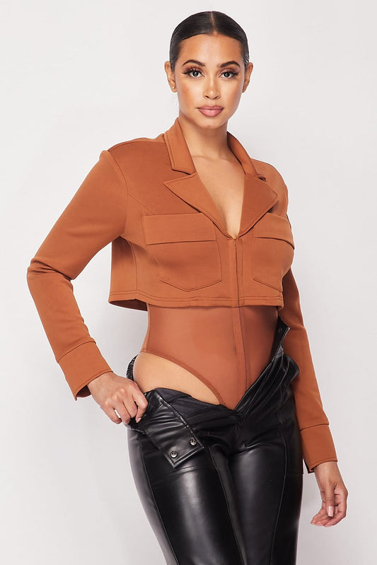 Deep-v Cropped Power Shoulder Blazer Bodysuit - Absolute Fashion 2020