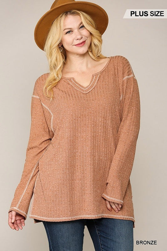 Two-tone Ribbed Tunic Top With Side Slits - Absolute Fashion 2020