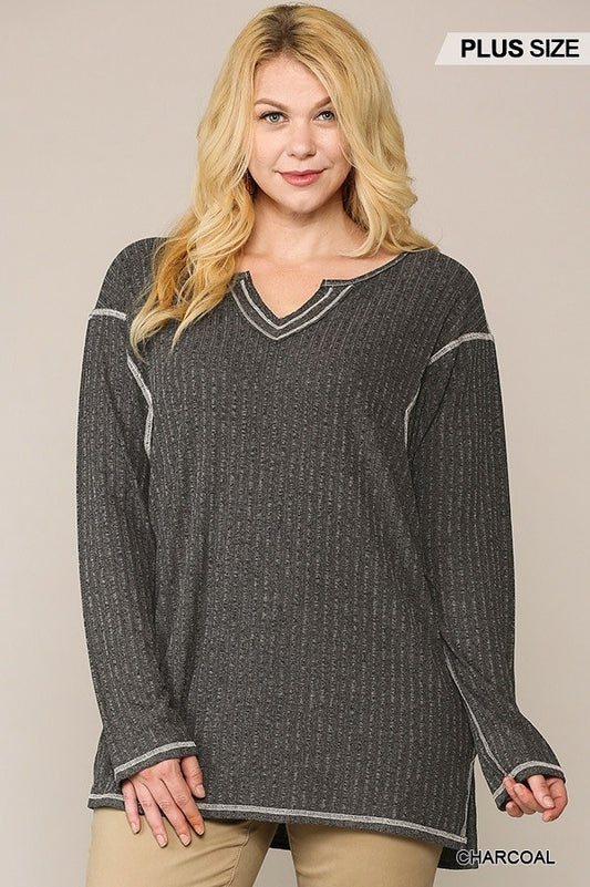 Two-tone Ribbed Tunic Top With Side Slits - Absolute Fashion 2020
