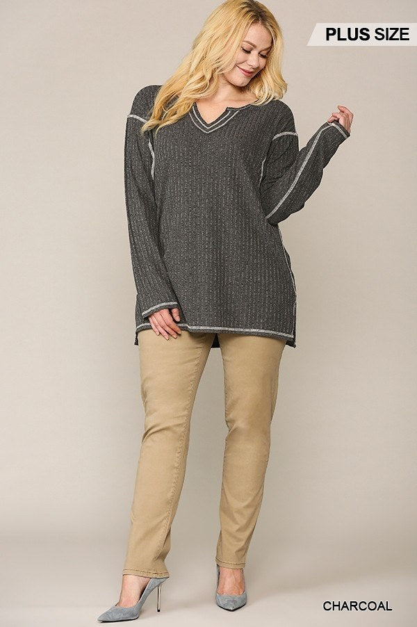 Two-tone Ribbed Tunic Top With Side Slits - Absolute Fashion 2020