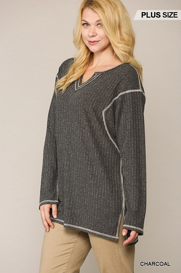 Two-tone Ribbed Tunic Top With Side Slits - Absolute Fashion 2020