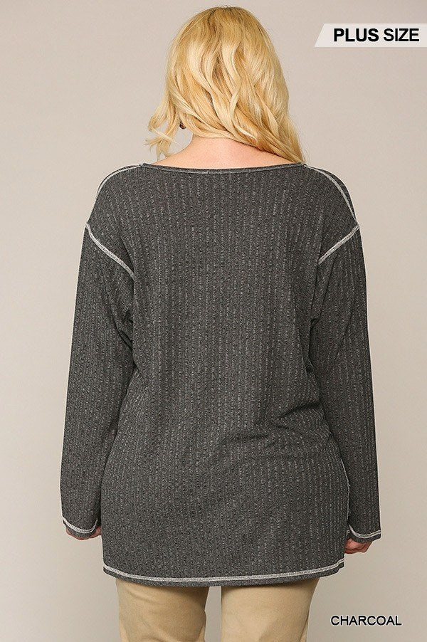 Two-tone Ribbed Tunic Top With Side Slits - Absolute Fashion 2020
