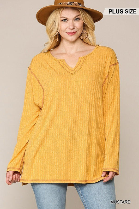 Two-tone Ribbed Tunic Top With Side Slits - Absolute Fashion 2020
