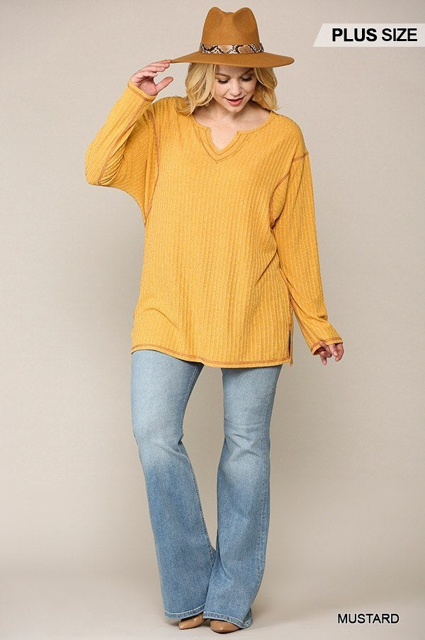 Two-tone Ribbed Tunic Top With Side Slits - Absolute Fashion 2020