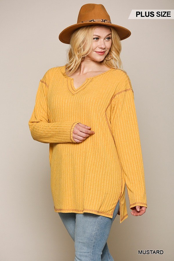 Two-tone Ribbed Tunic Top With Side Slits - Absolute Fashion 2020