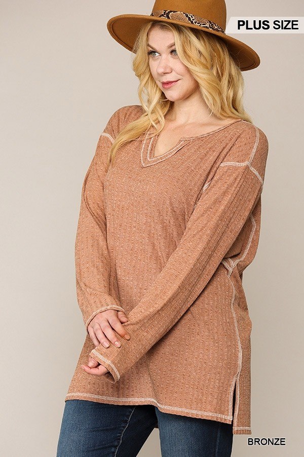 Two-tone Ribbed Tunic Top With Side Slits - Absolute Fashion 2020