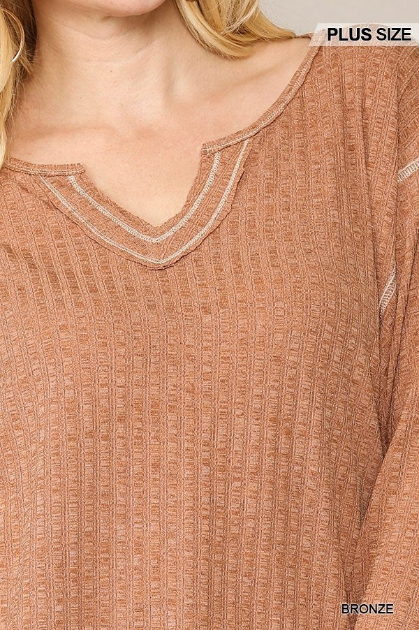 Two-tone Ribbed Tunic Top With Side Slits - Absolute Fashion 2020