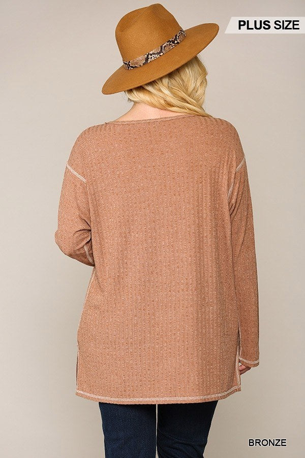 Two-tone Ribbed Tunic Top With Side Slits - Absolute Fashion 2020