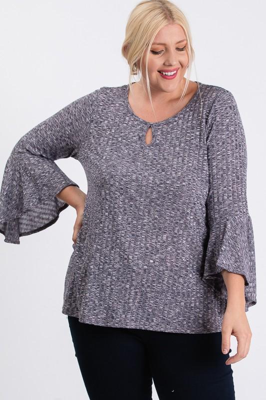 Front Keyhole 2tone Rib Fabric 3/4 Bell Sleeve Top - Absolute Fashion 2020