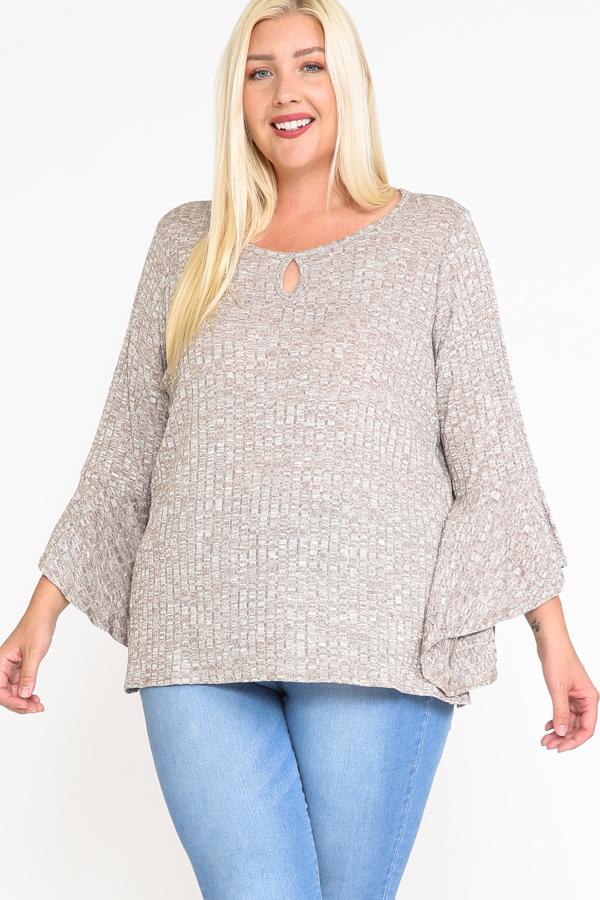 Front Keyhole 2tone Rib Fabric 3/4 Bell Sleeve Top - Absolute Fashion 2020
