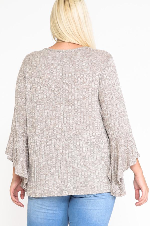 Front Keyhole 2tone Rib Fabric 3/4 Bell Sleeve Top - Absolute Fashion 2020