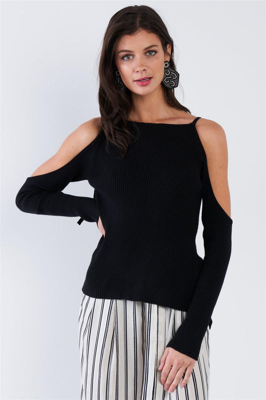 Black Ribbed Off The Shoulder Open Back Causal Top - Absolute Fashion 2020
