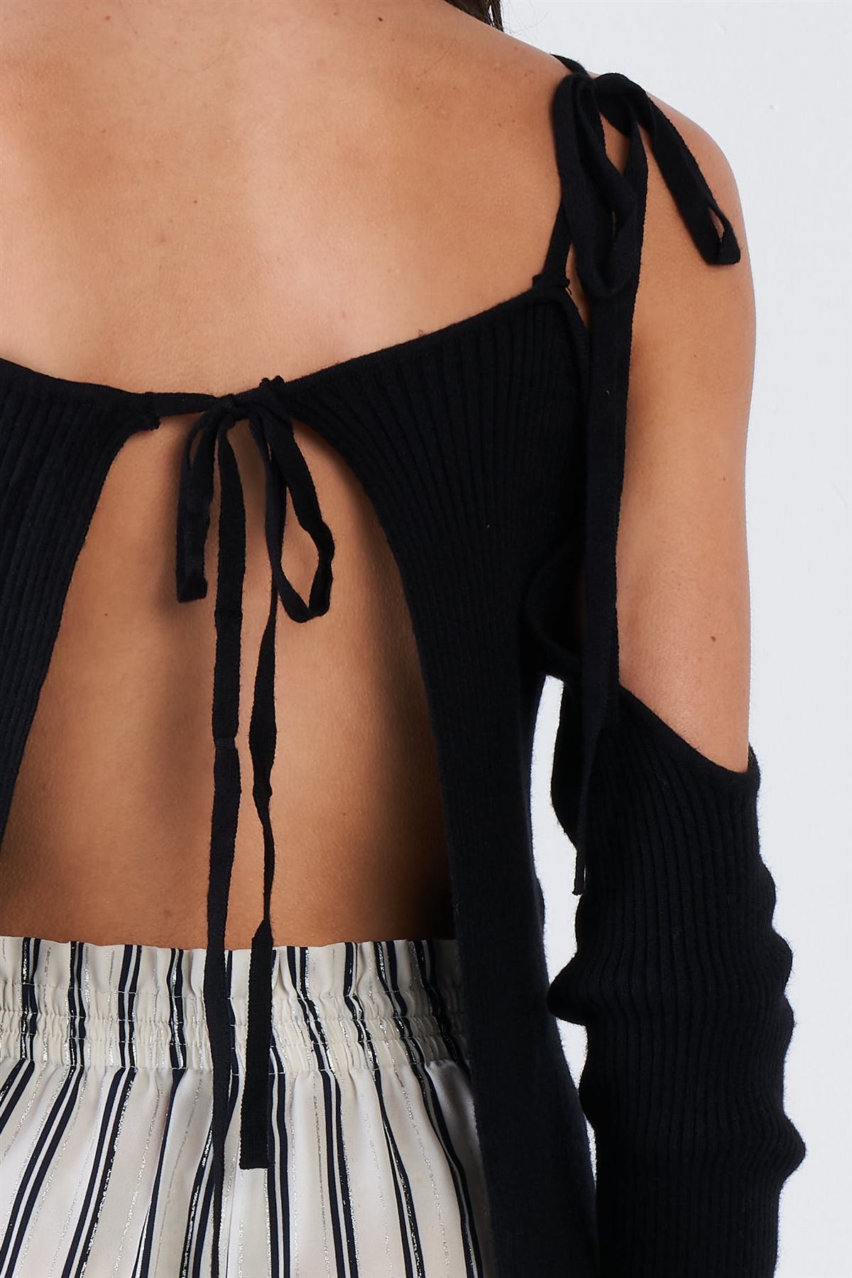 Black Ribbed Off The Shoulder Open Back Causal Top - Absolute Fashion 2020