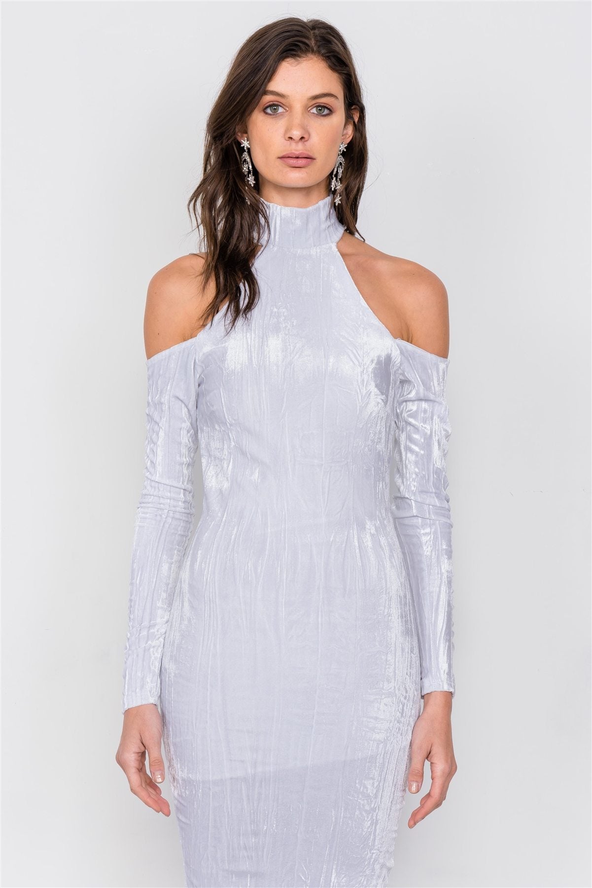 White Velvet Halter Crushed Cold Shoulder Turtleneck Long Sleeve Back Slit Midi Dress - Absolute Fashion 2020