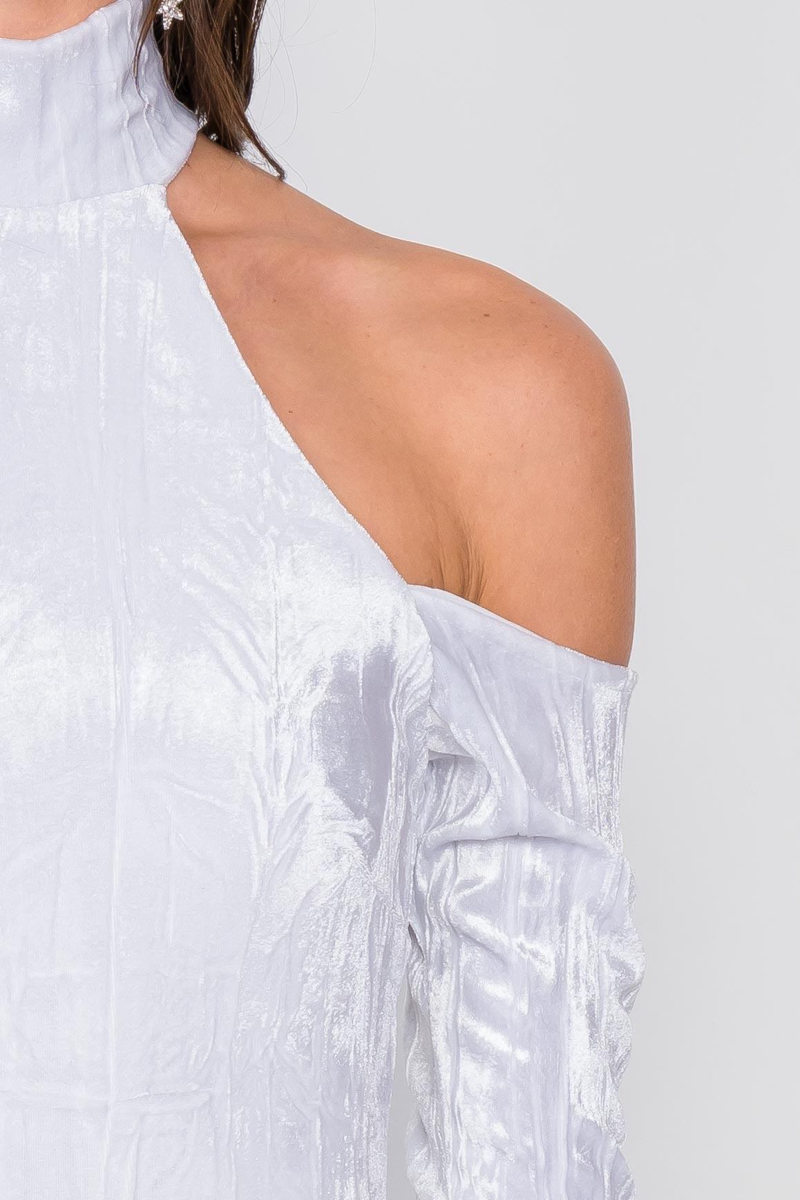 White Velvet Halter Crushed Cold Shoulder Turtleneck Long Sleeve Back Slit Midi Dress - Absolute Fashion 2020