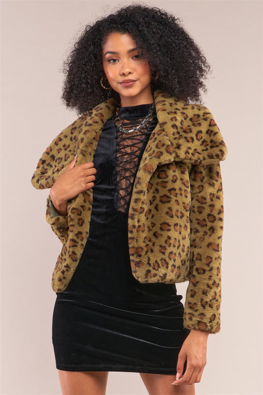 Green Leopard Print Faux Fur Open Front Oversized Collar Jacket - Absolute Fashion 2020