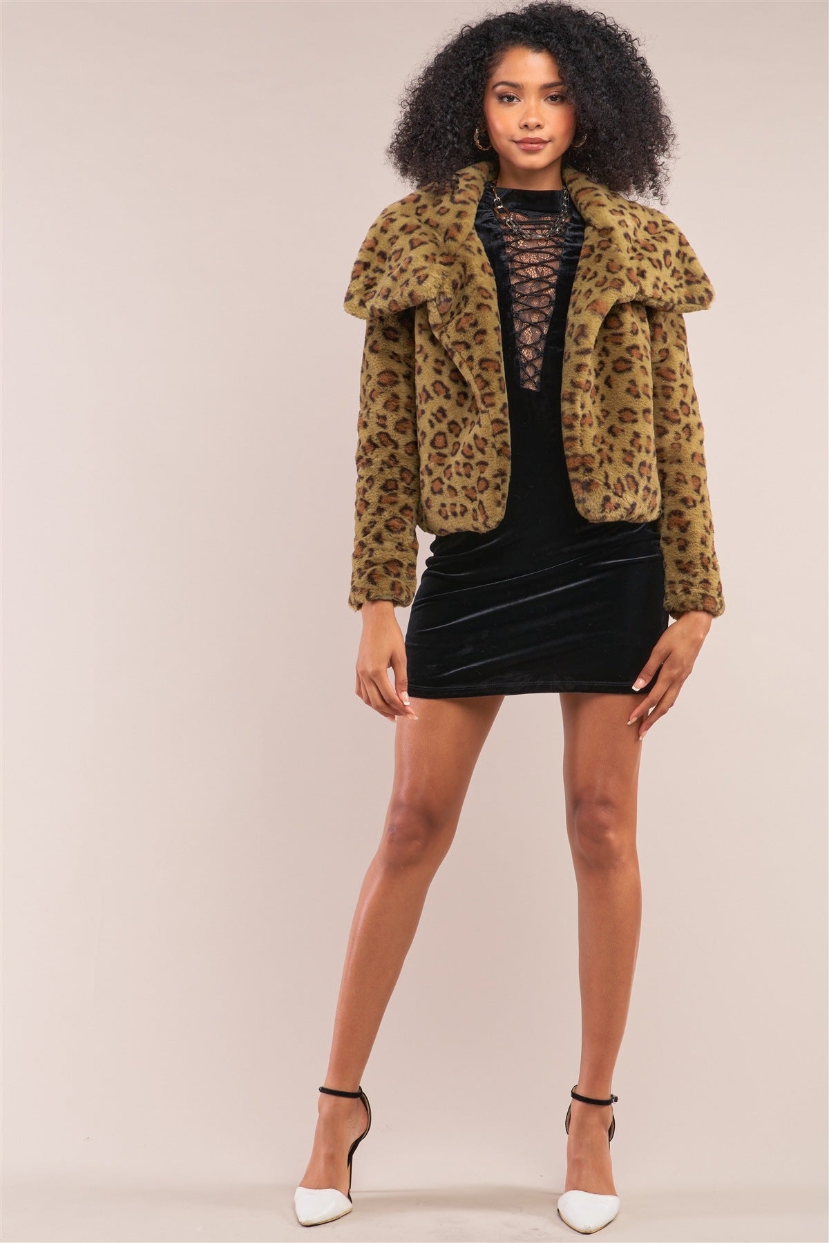 Green Leopard Print Faux Fur Open Front Oversized Collar Jacket - Absolute Fashion 2020