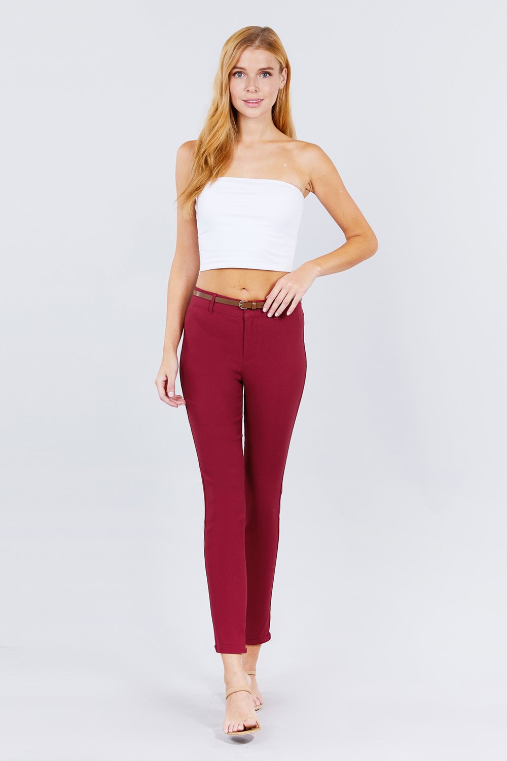 Belted Textured Long Pants - Absolute Fashion 2020