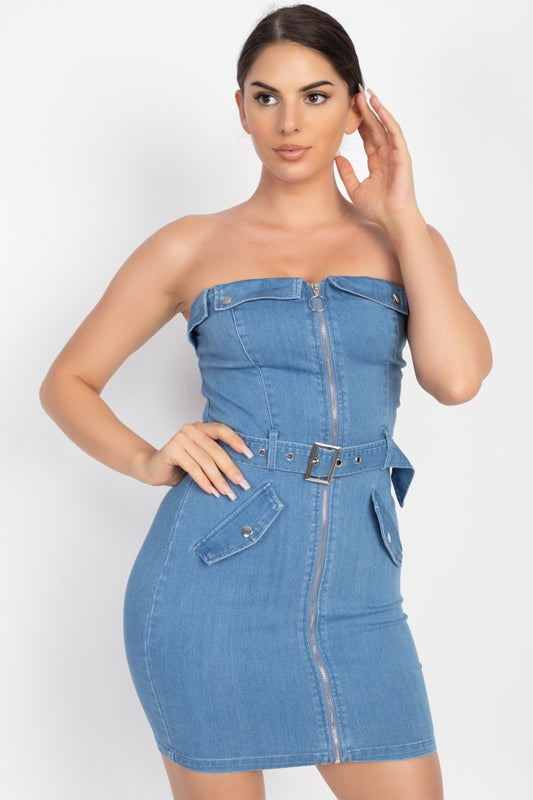 Sleeveless Front Zipper Belted Bodycon Dress - Absolute Fashion 2020
