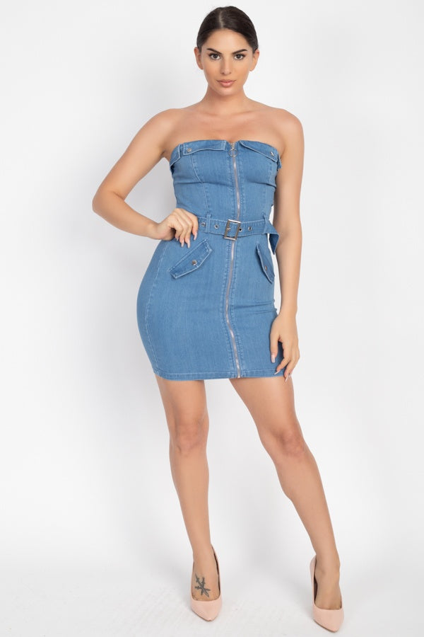 Sleeveless Front Zipper Belted Bodycon Dress - Absolute Fashion 2020